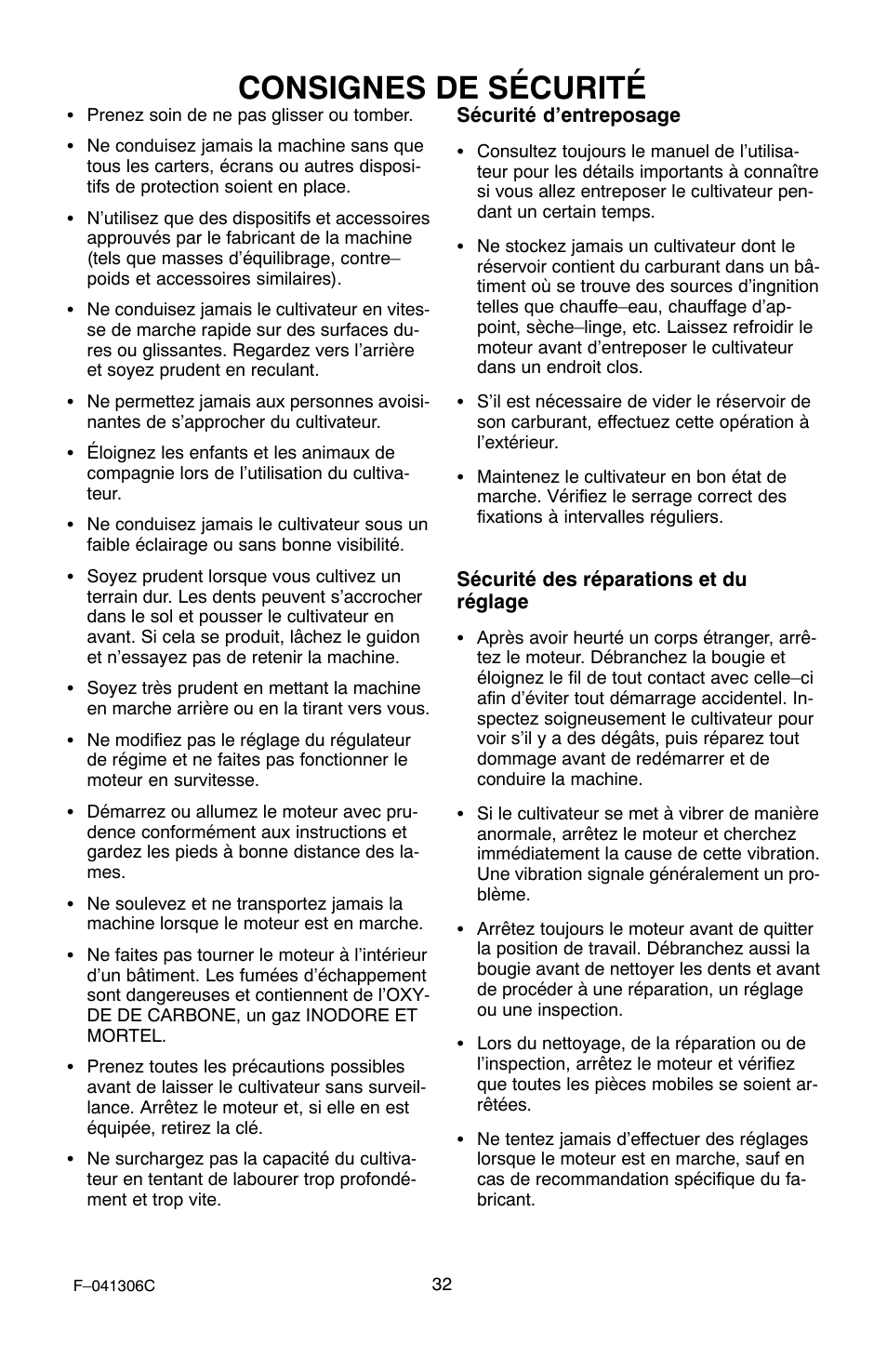 Consignes de sécurité | Murray 11052x4NC User Manual | Page 32 / 72