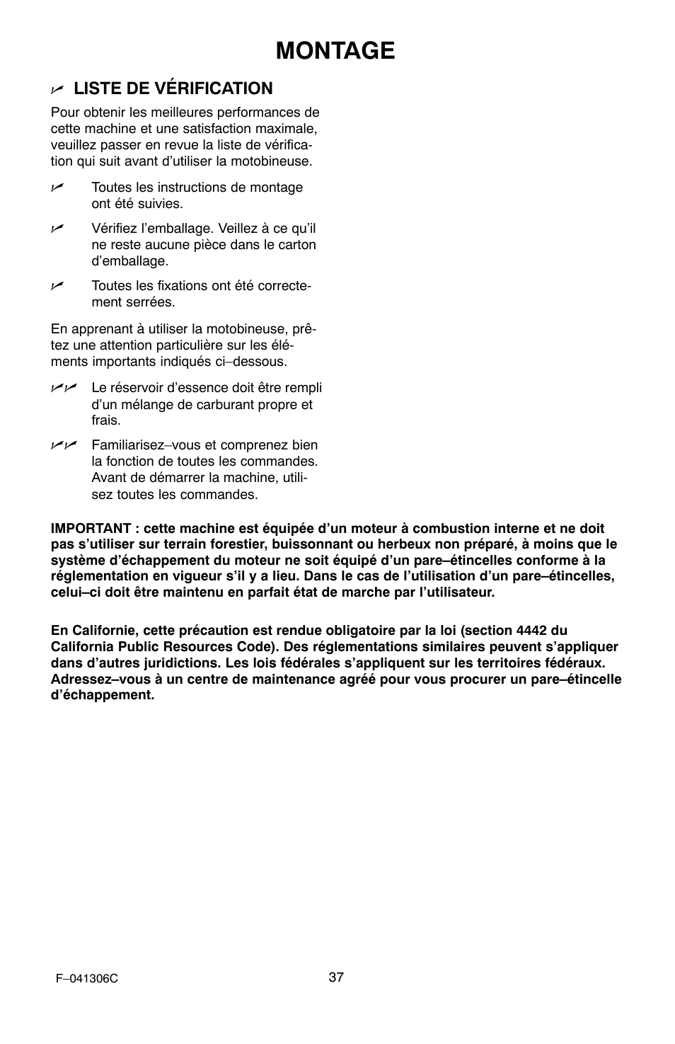 Montage, Liste de vérification | Murray 11052x4NC User Manual | Page 37 / 72