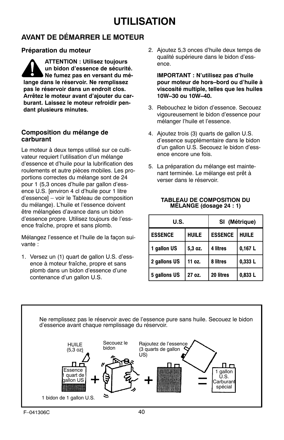 Utilisation, Avant de démarrer le moteur | Murray 11052x4NC User Manual | Page 40 / 72
