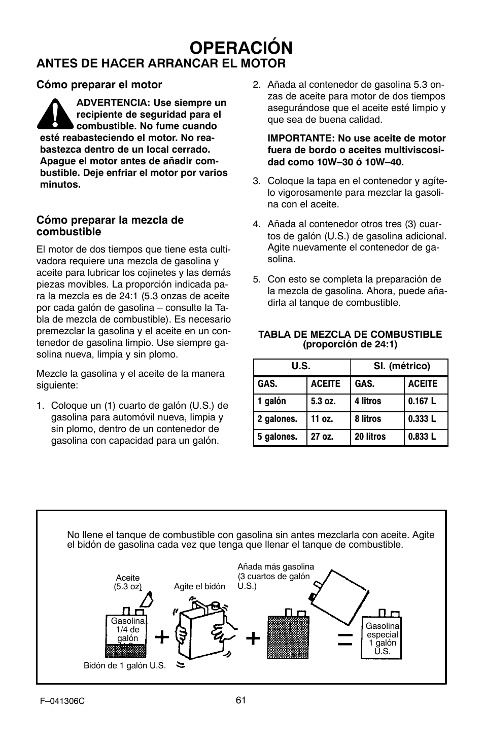 Operación, Antes de hacer arrancar el motor | Murray 11052x4NC User Manual | Page 61 / 72