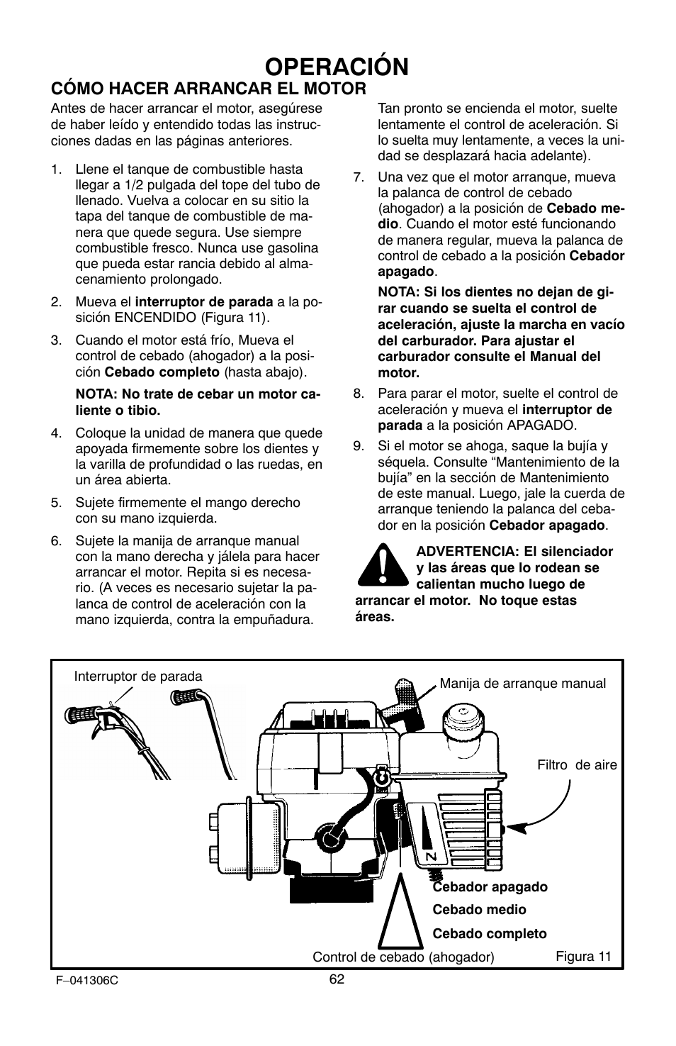 Operación, Cómo hacer arrancar el motor | Murray 11052x4NC User Manual | Page 62 / 72