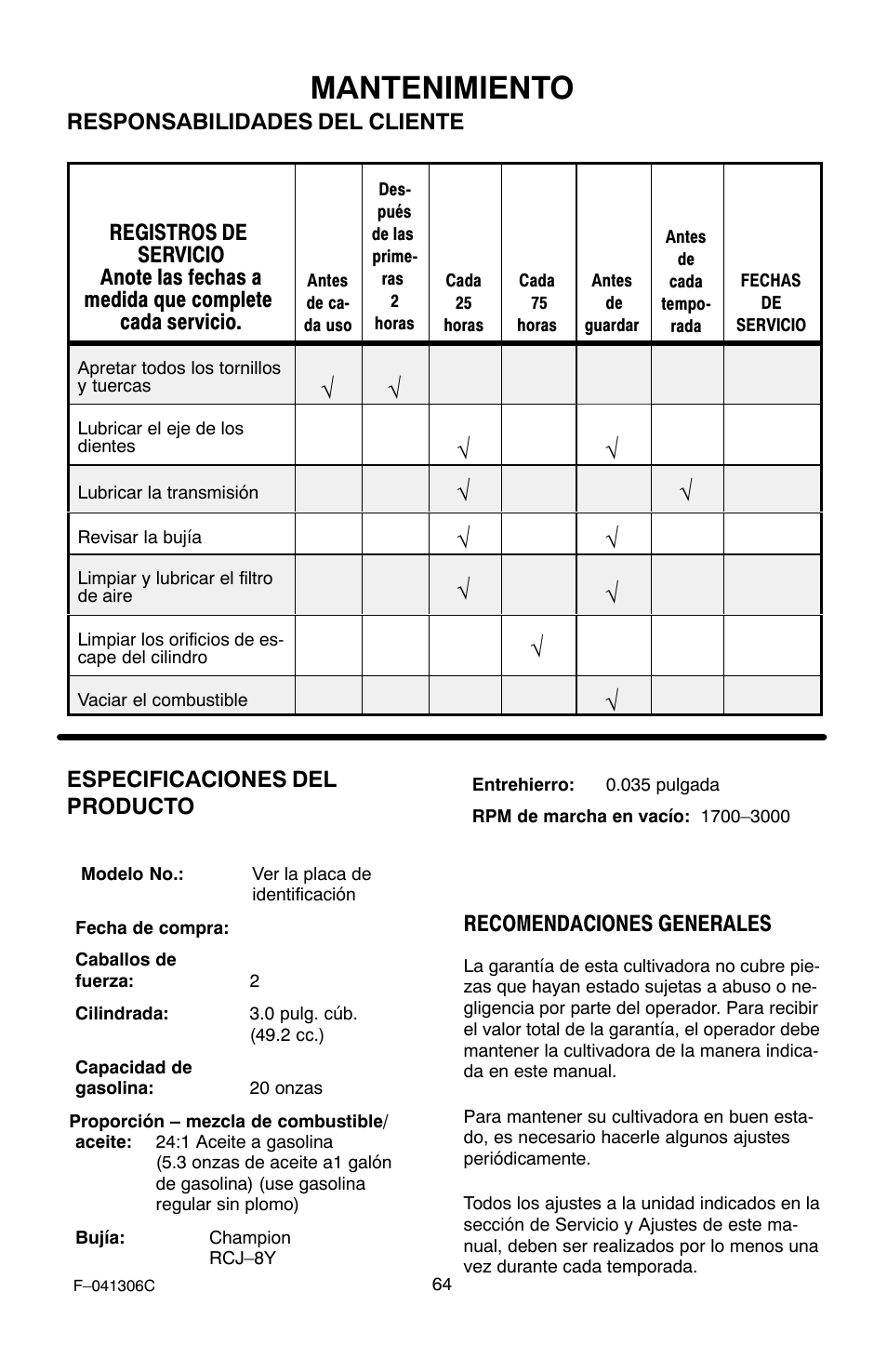 Mantenimiento, Especificaciones del producto, Recomendaciones generales | Murray 11052x4NC User Manual | Page 64 / 72