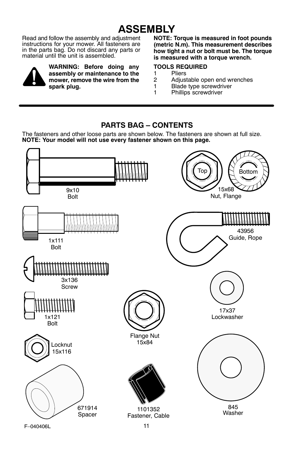 Assembly, Parts bag – contents | Murray 20-inch User Manual | Page 11 / 28