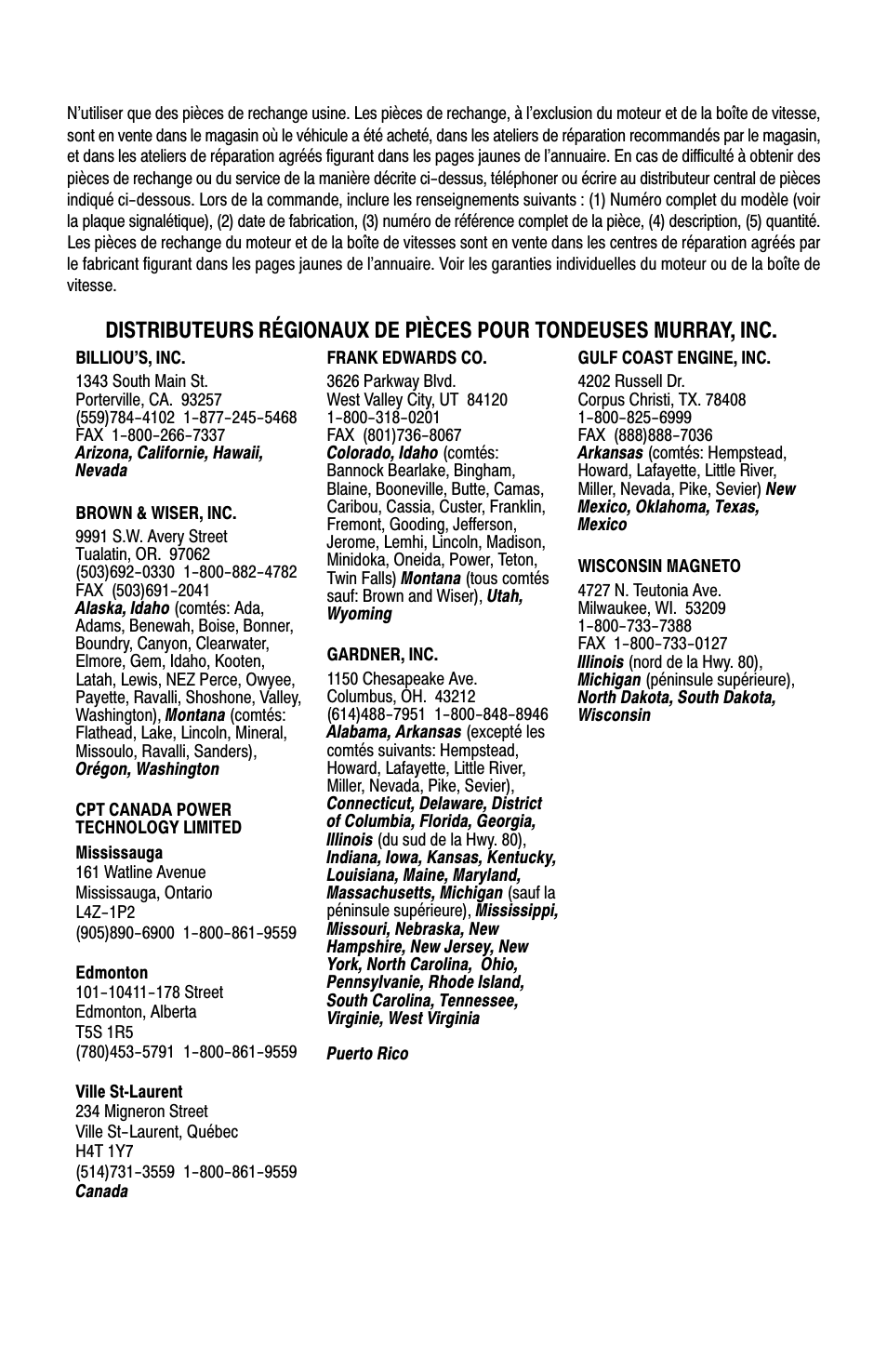 Commande de pièces détachées | Murray 11052x4D User Manual | Page 49 / 72