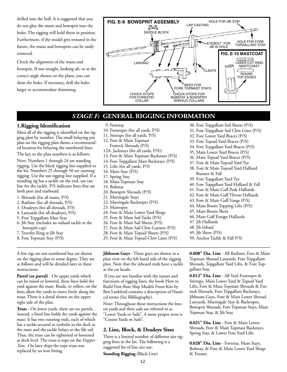 Stage f: general rigging information, Rigging identification, Line, block, & deadeye sizes | Model Shipways 2003 User Manual | Page 12 / 24