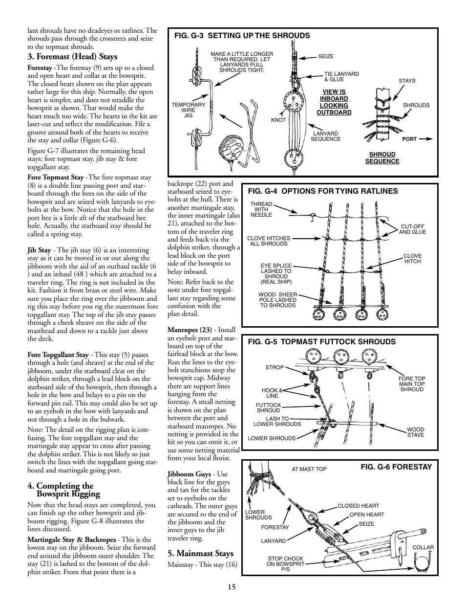 Foremast (head) stays, Completing the bowsprit rigging, Mainmast stays | Fig. g-5 topmast futtock shrouds fig. g-6 forestay | Model Shipways 2003 User Manual | Page 15 / 24