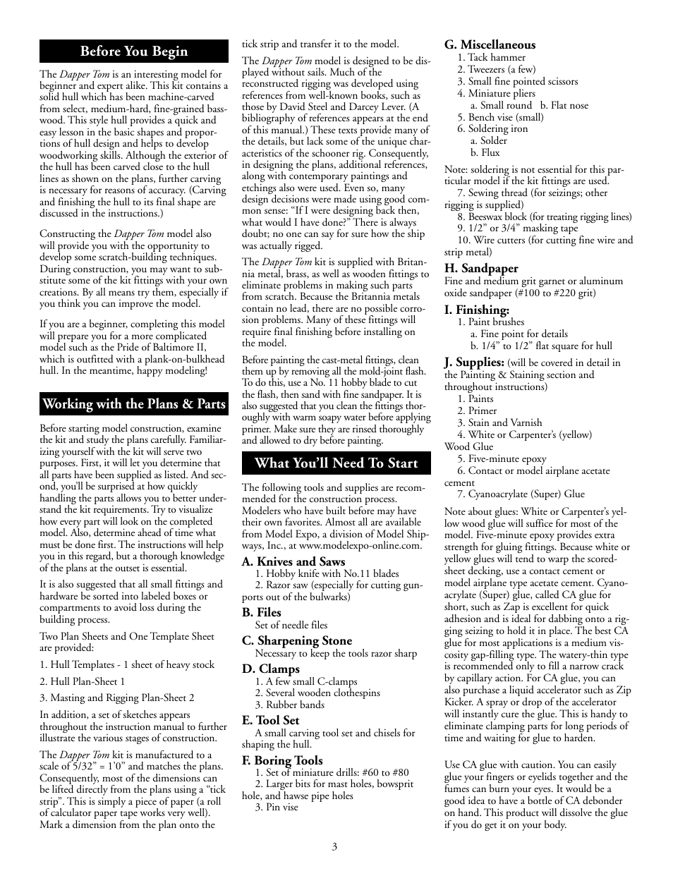 Before you begin, Working with the plans & parts, What you’ll need to start | Model Shipways 2003 User Manual | Page 3 / 24