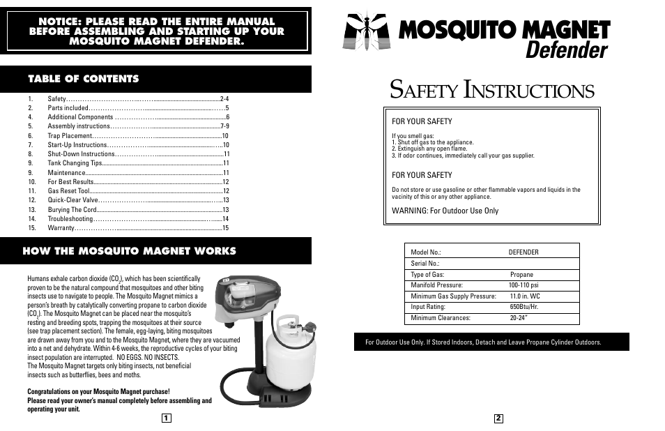Mosquito magnet s, Defender, Afety | Nstructions | Mosquito Magnet Defender User Manual | Page 2 / 9