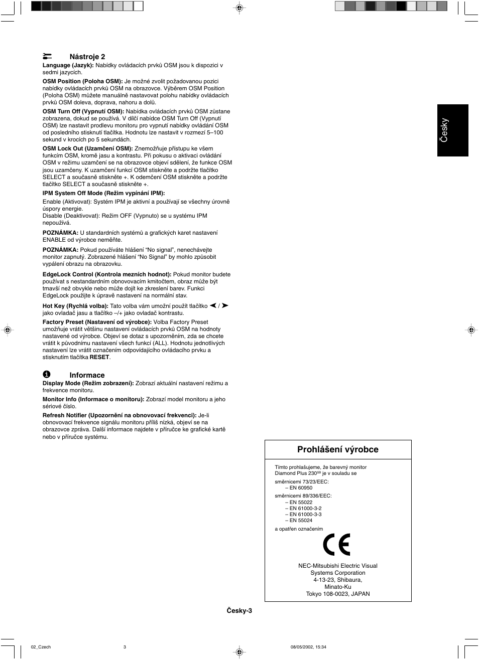 Âesky, Prohlá‰ení v˘robce | Mitsubishi Motors Diamond Plus 230 SB User Manual | Page 11 / 50