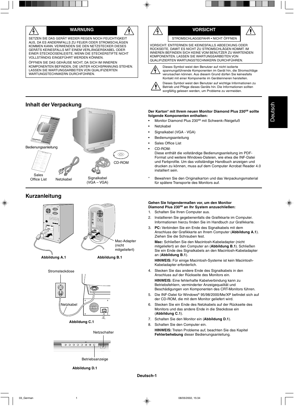 Deutsch, Inhalt der verpackung kurzanleitung | Mitsubishi Motors Diamond Plus 230 SB User Manual | Page 13 / 50