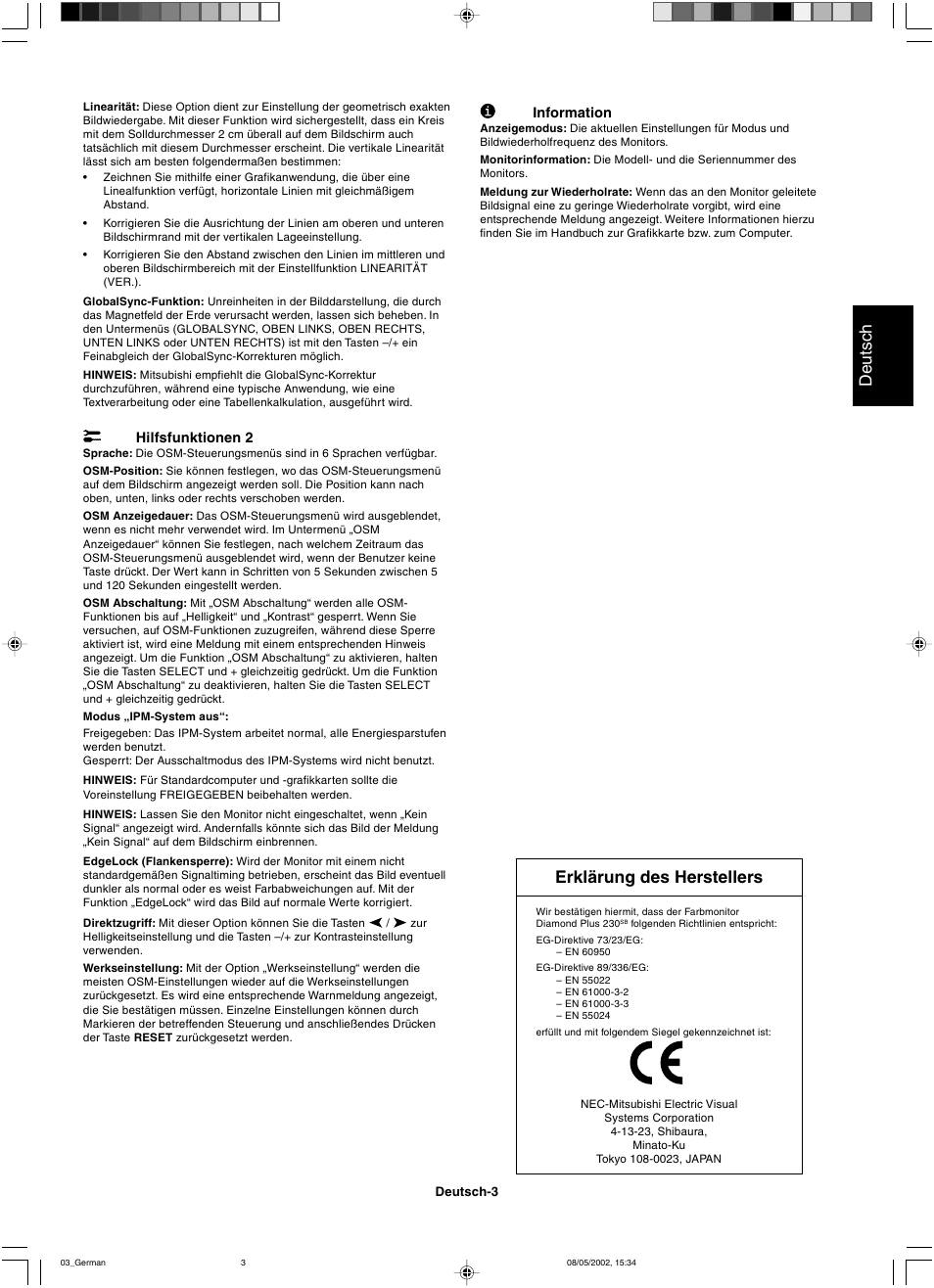 Deutsch, Erklärung des herstellers | Mitsubishi Motors Diamond Plus 230 SB User Manual | Page 15 / 50