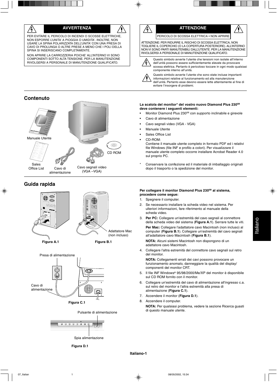 Italiano, Contenuto guida rapida | Mitsubishi Motors Diamond Plus 230 SB User Manual | Page 29 / 50