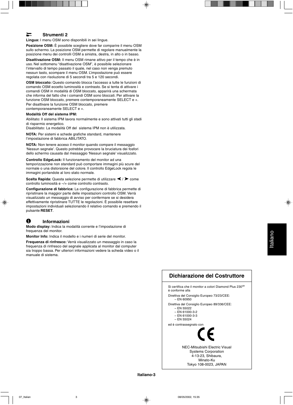 Italiano, Dichiarazione del costruttore | Mitsubishi Motors Diamond Plus 230 SB User Manual | Page 31 / 50