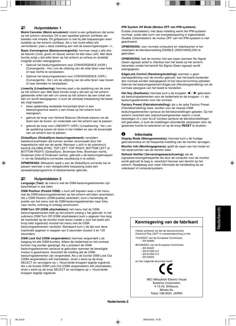 Neder lands, Kennisgeving van de fabrikant | Mitsubishi Motors Diamond Plus 230 SB User Manual | Page 35 / 50