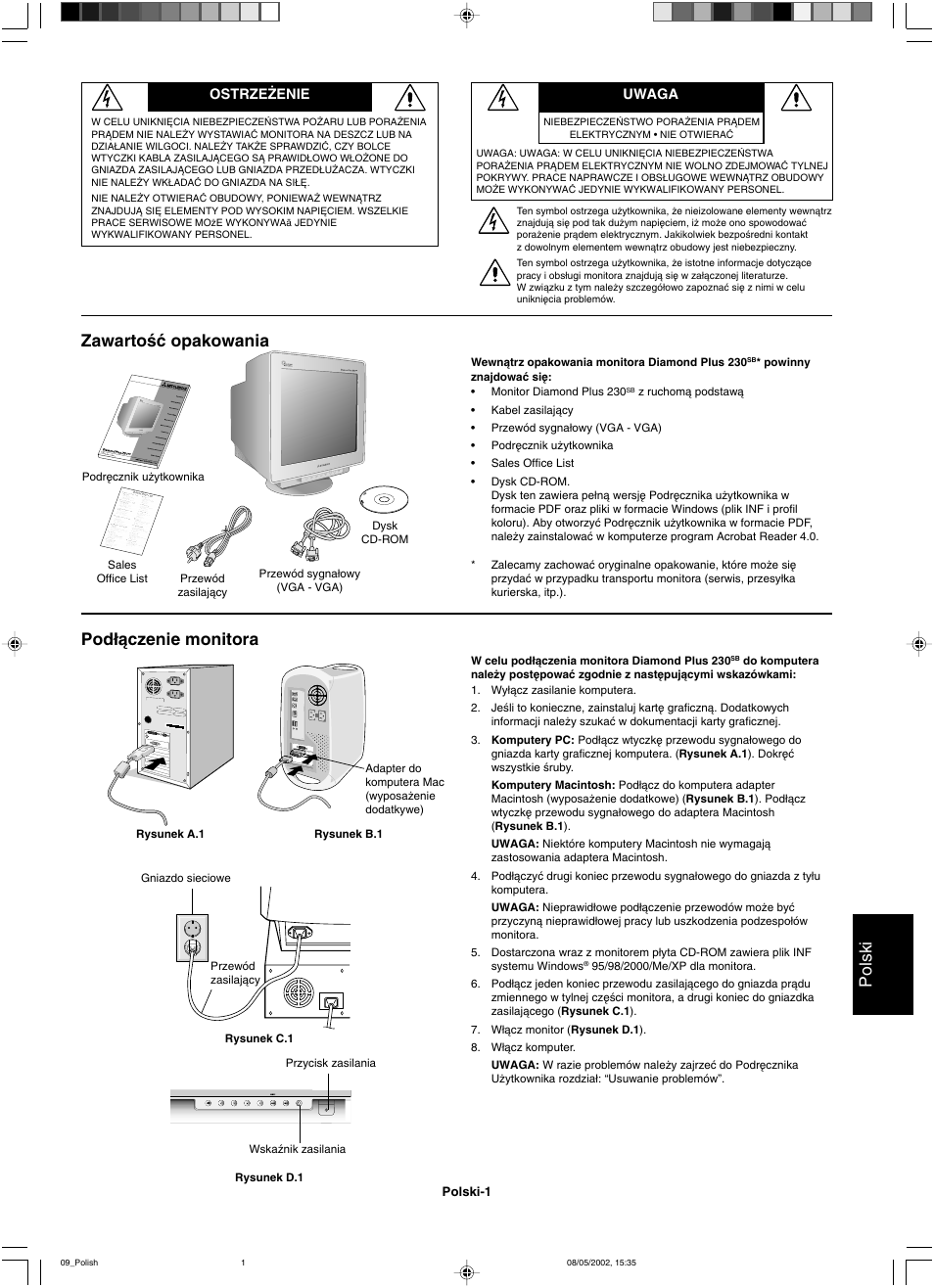 Polski, Zawartoêç opakowania pod∏àczenie monitora | Mitsubishi Motors Diamond Plus 230 SB User Manual | Page 37 / 50