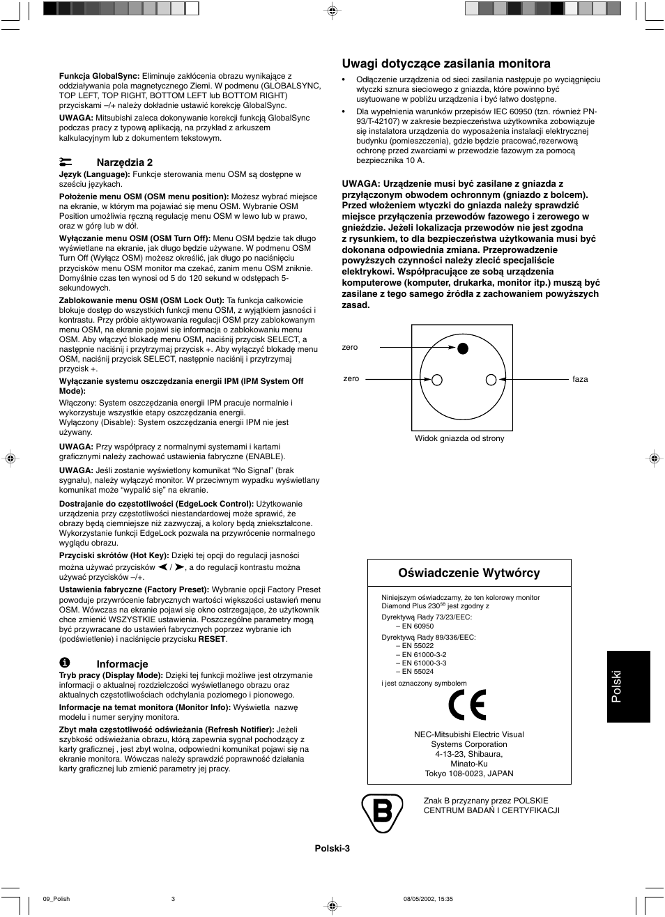 Polski, Oêwiadczenie wytwórcy, Uwagi dotyczàce zasilania monitora | Mitsubishi Motors Diamond Plus 230 SB User Manual | Page 39 / 50