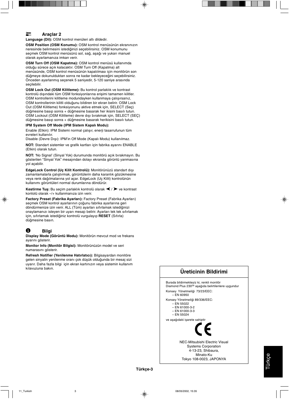 Türkçe, Üreticinin bildirimi | Mitsubishi Motors Diamond Plus 230 SB User Manual | Page 47 / 50