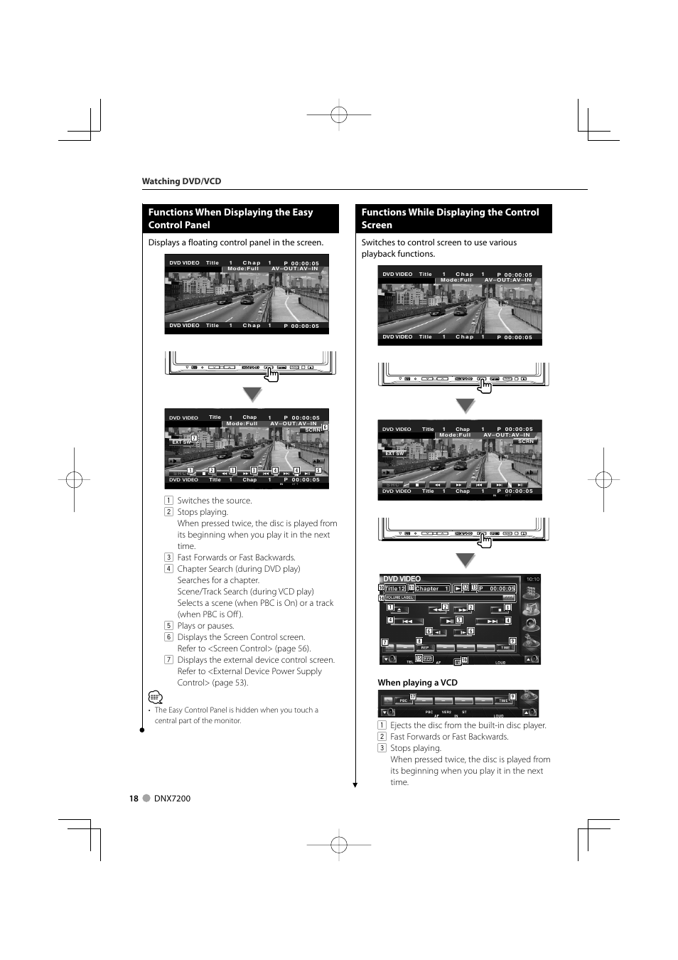 Functions when displaying the easy control panel, Functions while displaying the control screen, Displays a floating control panel in the screen | Watching dvd/vcd, When playing a vcd | Mitsubishi Motors B64-3824-00/00 (MV) MZ360234EX (DNX7200ZM4) User Manual | Page 18 / 100