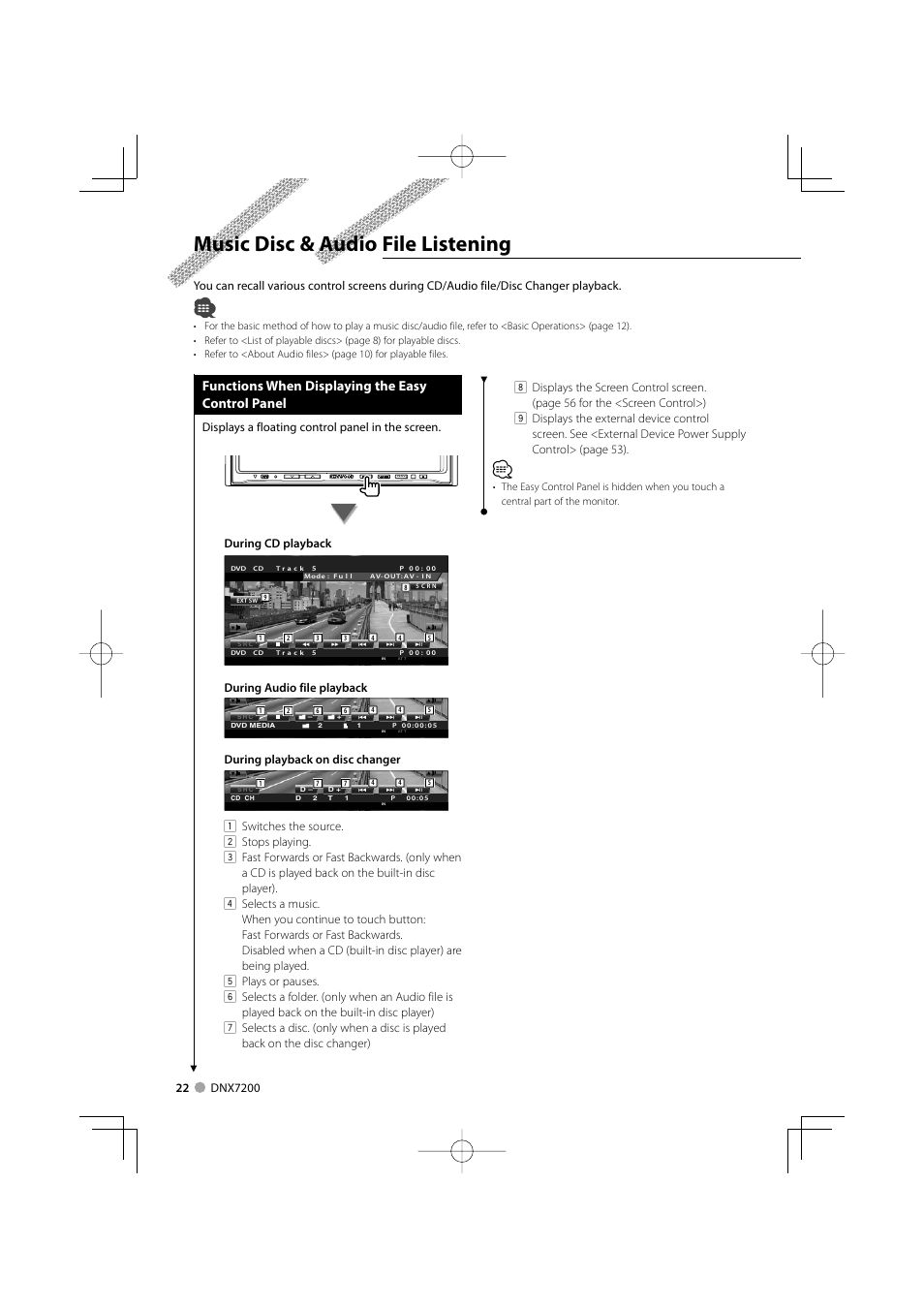 Music disc & audio file listening, Functions when displaying the easy control panel, Displays a floating control panel in the screen | During cd playback, During audio file playback, During playback on disc changer | Mitsubishi Motors B64-3824-00/00 (MV) MZ360234EX (DNX7200ZM4) User Manual | Page 22 / 100