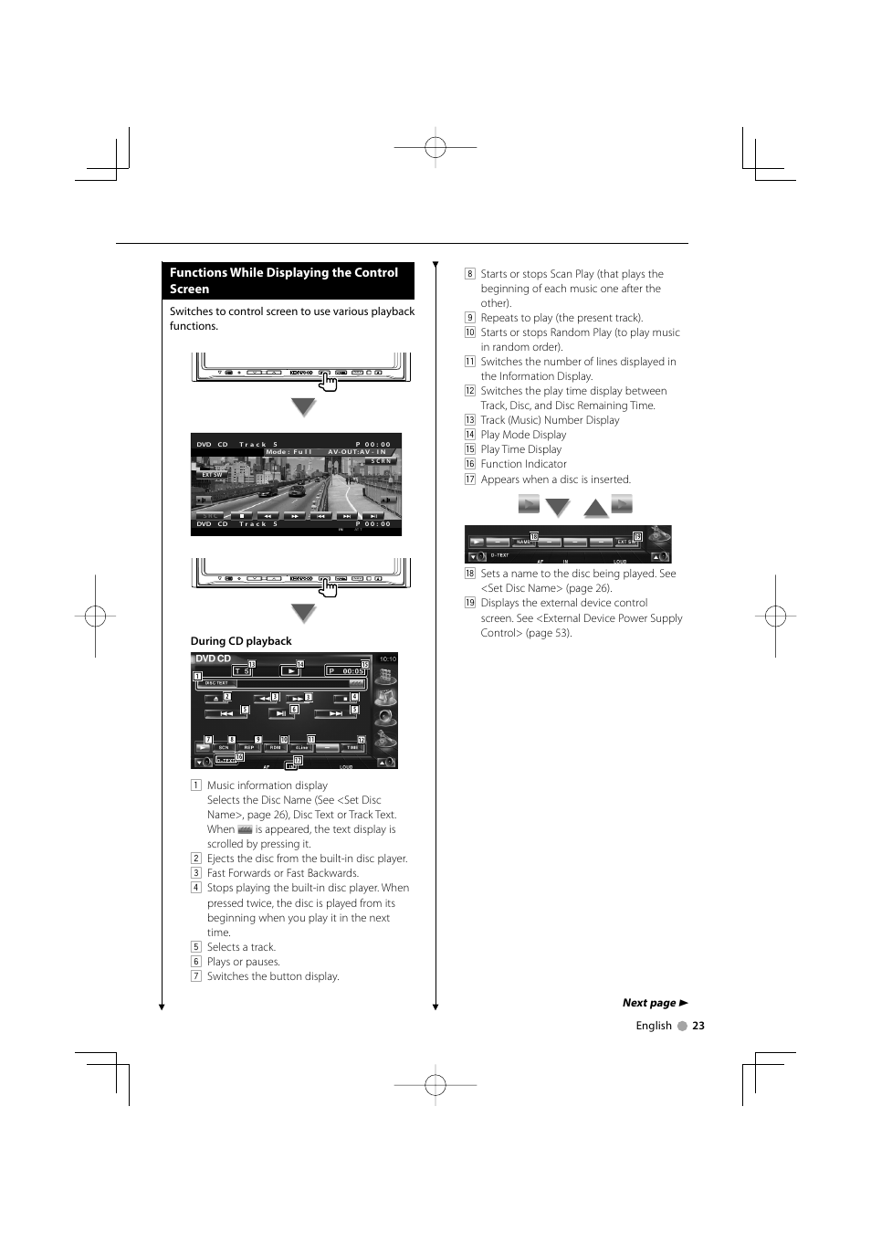 Functions while displaying the control screen, Next page 3 | Mitsubishi Motors B64-3824-00/00 (MV) MZ360234EX (DNX7200ZM4) User Manual | Page 23 / 100