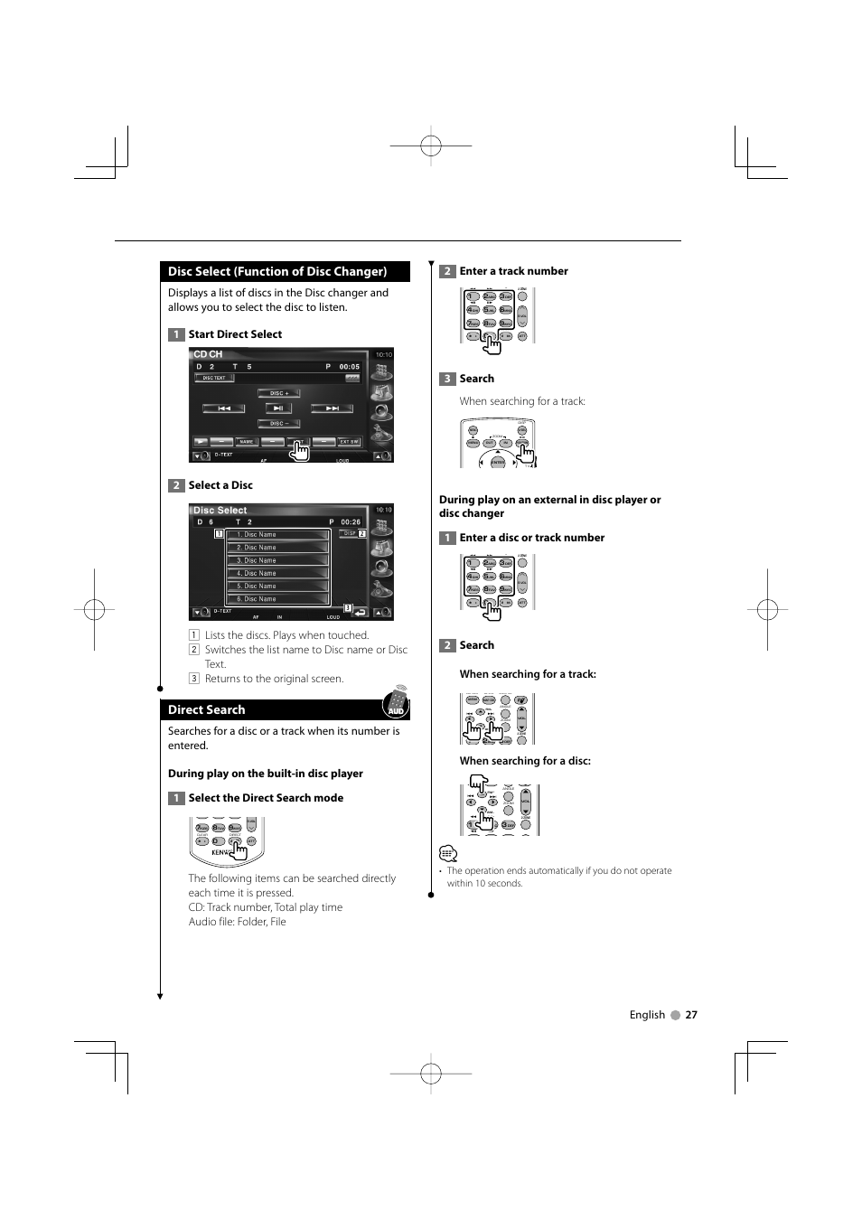 Disc select (function of disc changer), Direct search, English 27 | 3search when searching for a track, 2search when searching for a track, When searching for a disc | Mitsubishi Motors B64-3824-00/00 (MV) MZ360234EX (DNX7200ZM4) User Manual | Page 27 / 100