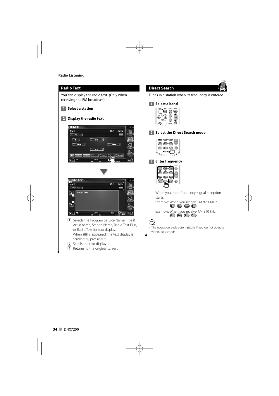 Radio text, Direct search, 2select the direct search mode | 3enter frequency, Example: when you receive am 810 khz | Mitsubishi Motors B64-3824-00/00 (MV) MZ360234EX (DNX7200ZM4) User Manual | Page 34 / 100