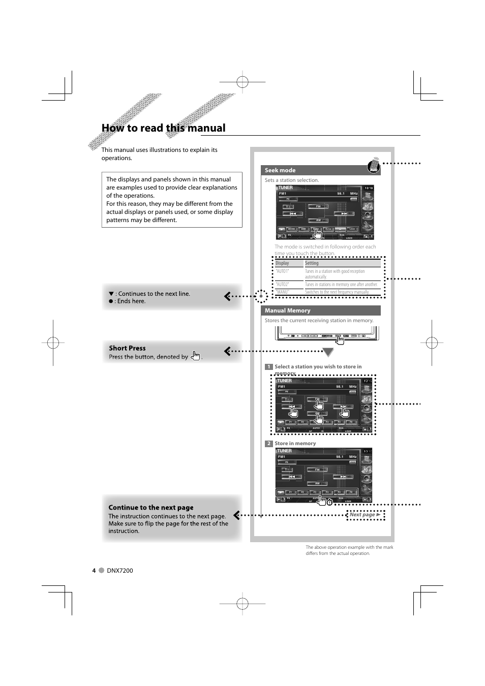 How to read this manual, Seek mode, Next page 3 | Mitsubishi Motors B64-3824-00/00 (MV) MZ360234EX (DNX7200ZM4) User Manual | Page 4 / 100