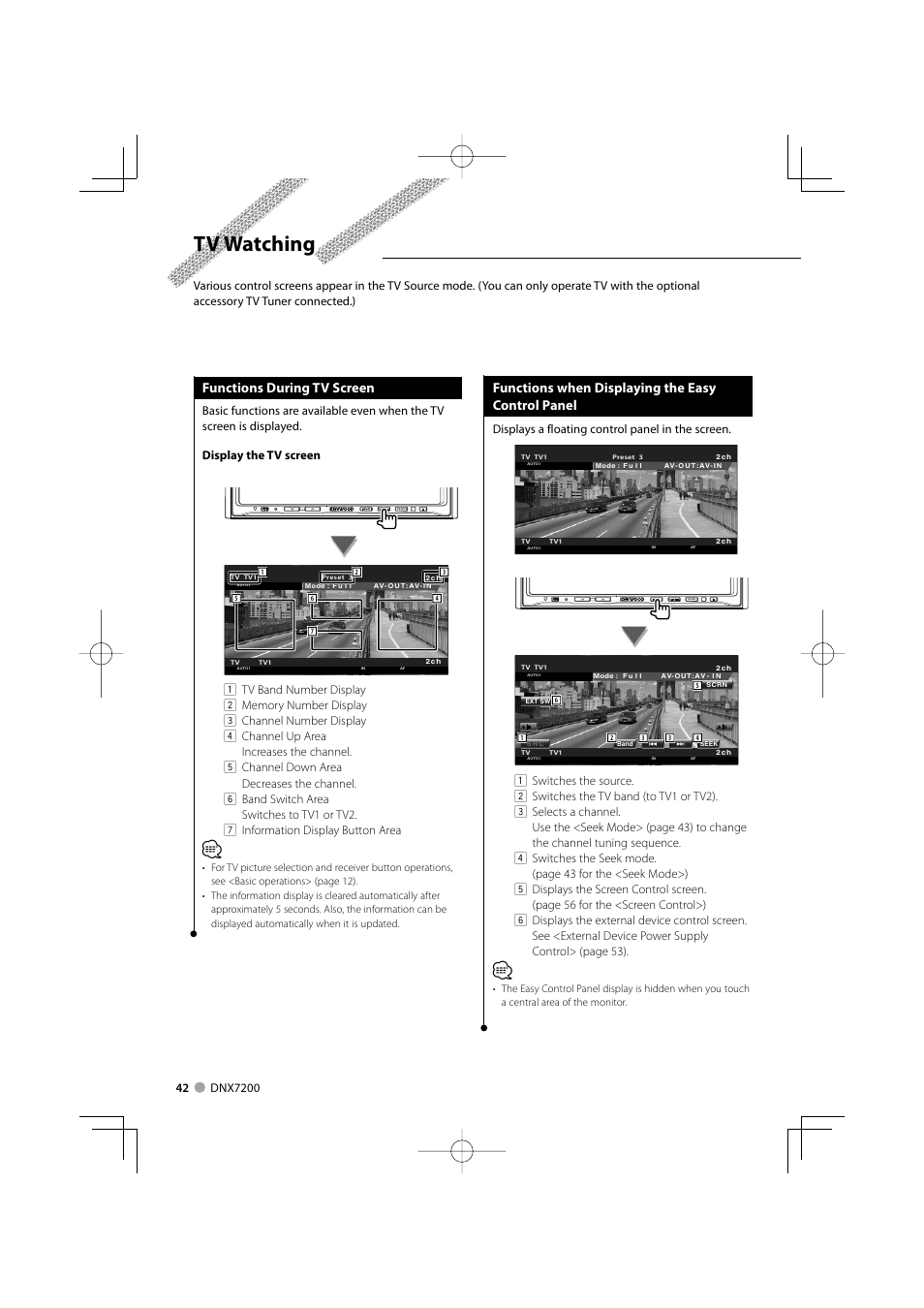 Tv watching, Functions during tv screen, Functions when displaying the easy control panel | Displays a floating control panel in the screen | Mitsubishi Motors B64-3824-00/00 (MV) MZ360234EX (DNX7200ZM4) User Manual | Page 42 / 100