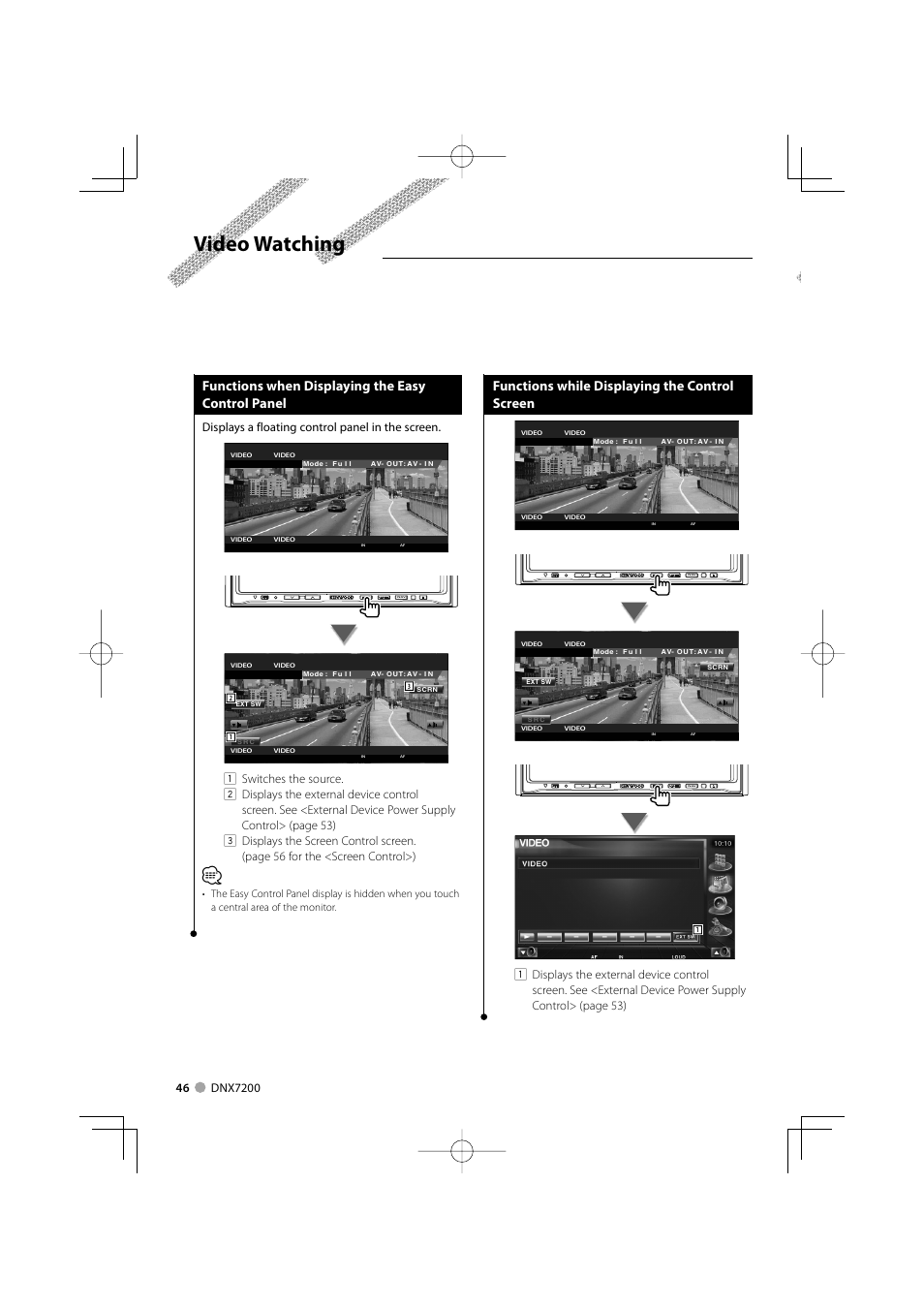 Video watching, Functions when displaying the easy control panel, Functions while displaying the control screen | Displays a floating control panel in the screen | Mitsubishi Motors B64-3824-00/00 (MV) MZ360234EX (DNX7200ZM4) User Manual | Page 46 / 100