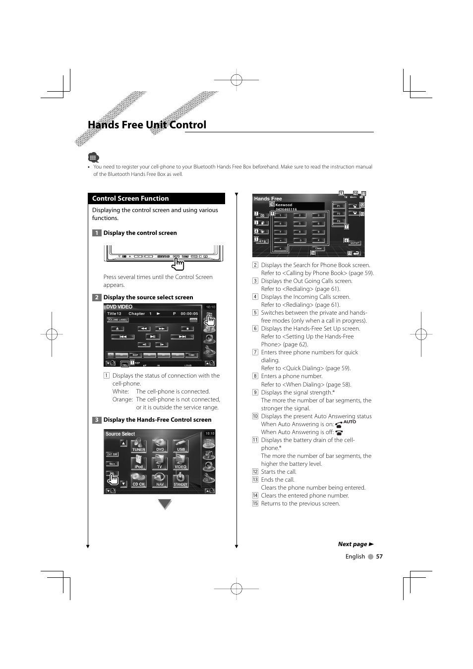 Hands free unit control | Mitsubishi Motors B64-3824-00/00 (MV) MZ360234EX (DNX7200ZM4) User Manual | Page 57 / 100