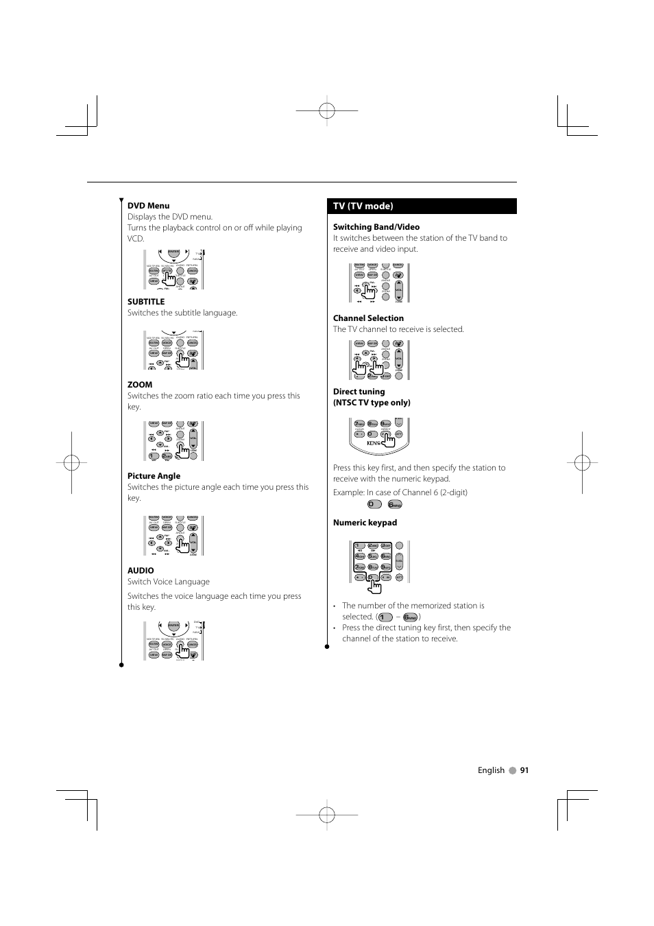 Tv (tv mode), Subtitle switches the subtitle language, Direct tuning (ntsc tv type only) | Numeric keypad | Mitsubishi Motors B64-3824-00/00 (MV) MZ360234EX (DNX7200ZM4) User Manual | Page 91 / 100