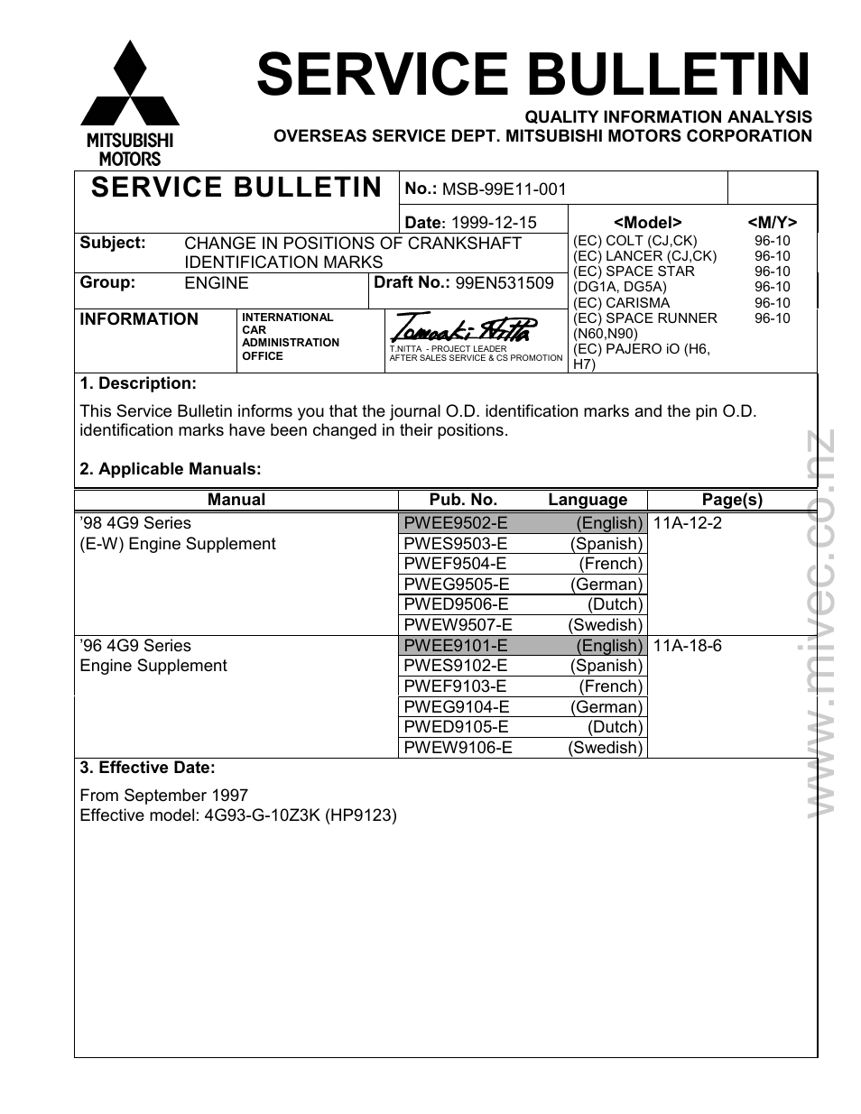 Msb-99e11-001, Check digit, Crank | O.d. identifi, Cation mark, Journal, No. 5, No. 4, No. 3, No. 2 | Mitsubishi Motors 4G9 User Manual | Page 168 / 171