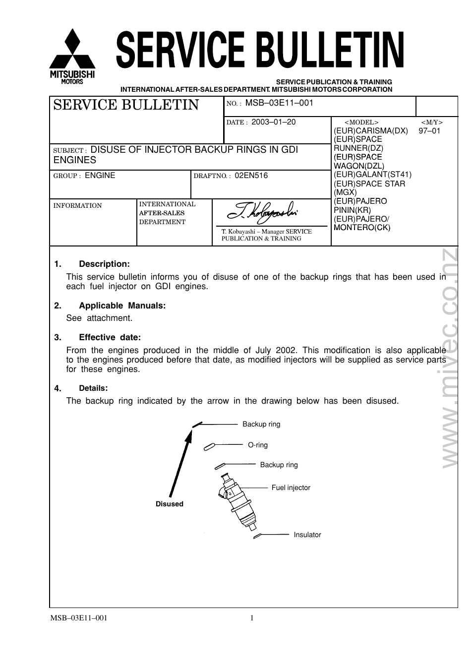 Msb-03e11-001, Service bulletin | Mitsubishi Motors 4G9 User Manual | Page 170 / 171