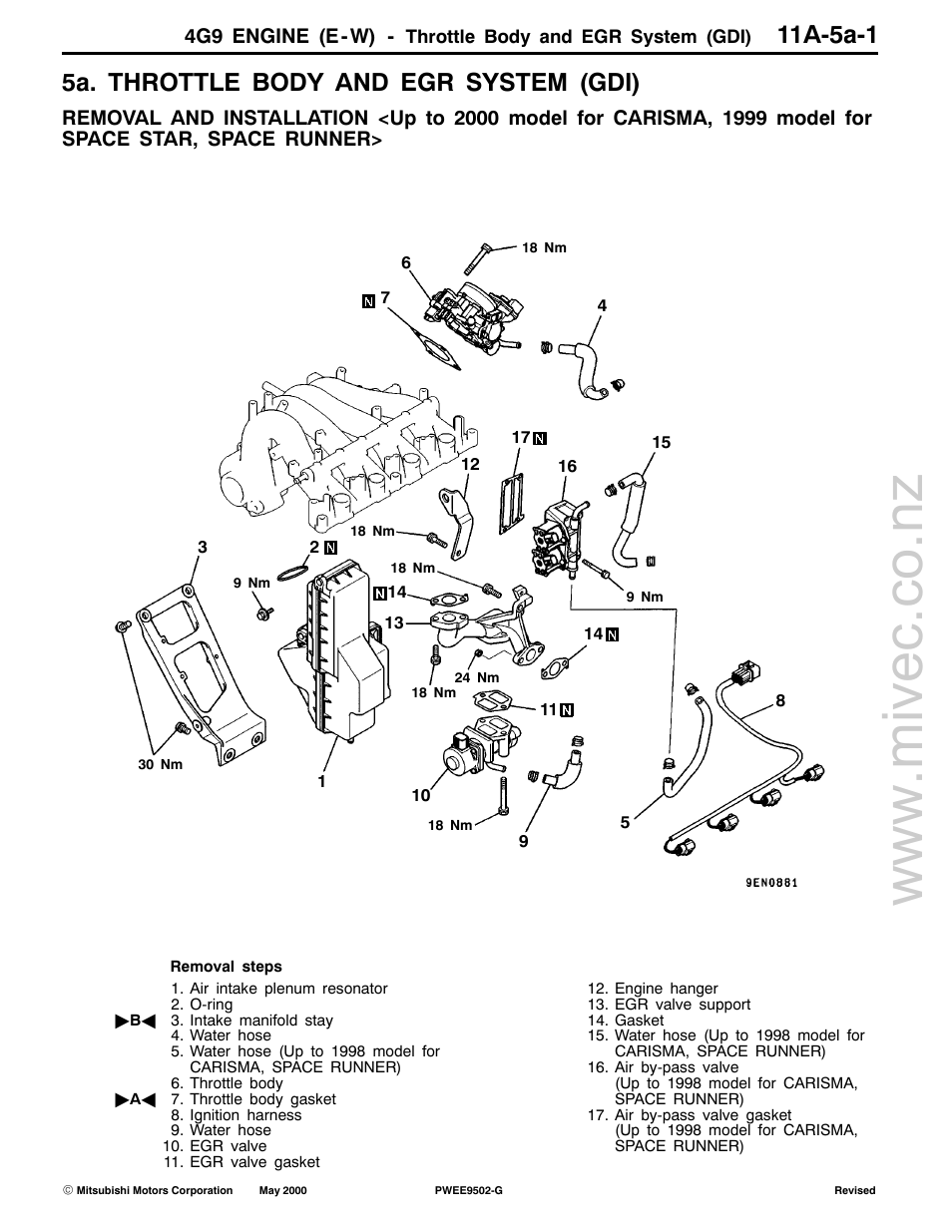 5a. throttle body and egr system (gdi), 4g9 engine (e-w) | Mitsubishi Motors 4G9 User Manual | Page 53 / 171