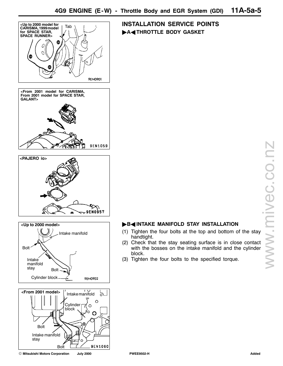 11a-5a-5, 4g9 engine (e-w), Installation service points | Mitsubishi Motors 4G9 User Manual | Page 57 / 171