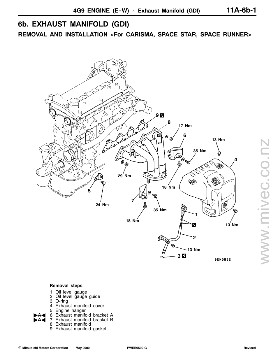 6b. exhaust manifold (gdi), 4g9 engine (e-w) | Mitsubishi Motors 4G9 User Manual | Page 74 / 171