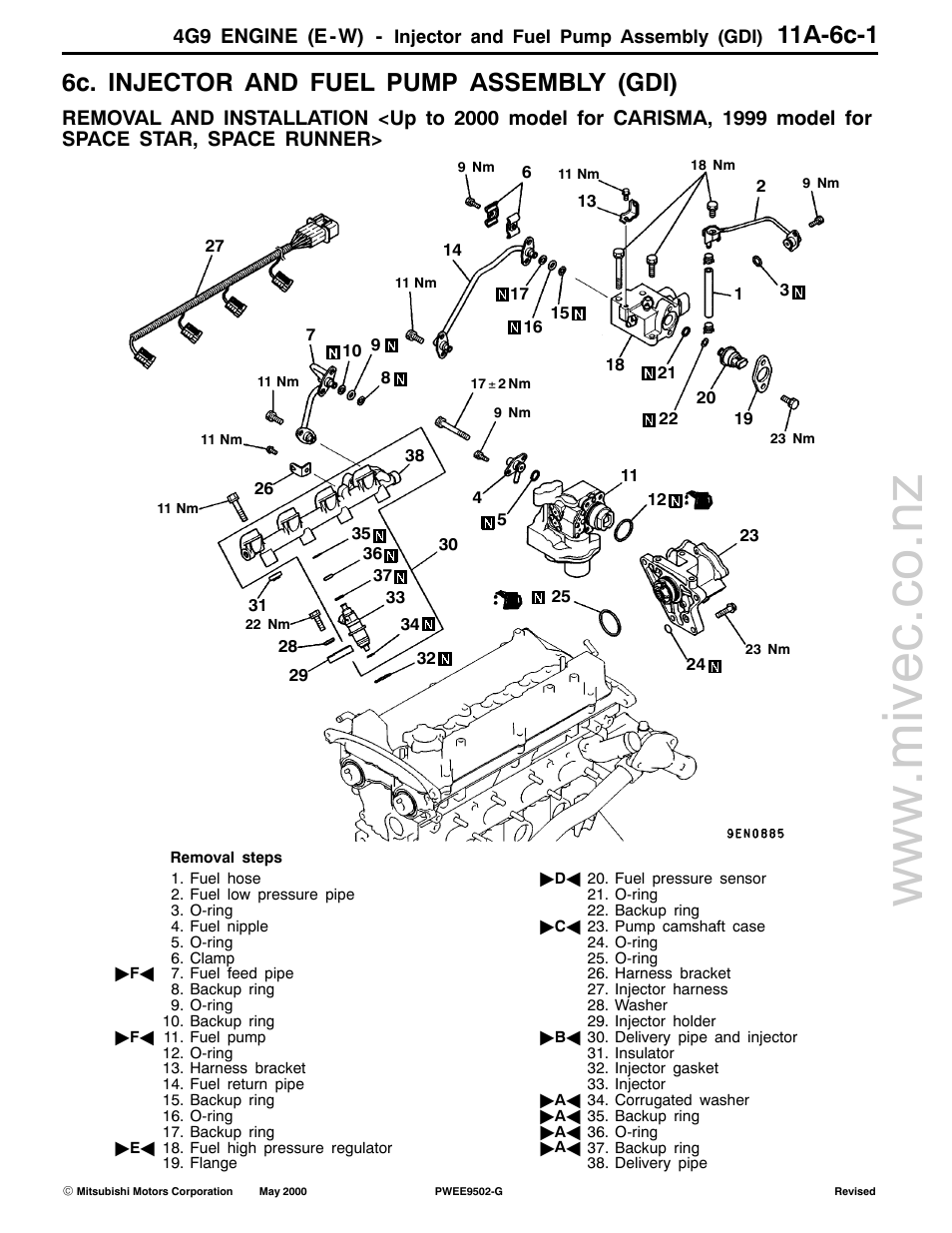 6c. injector and fuel pump assembly (gdi), 4g9 engine (e-w) | Mitsubishi Motors 4G9 User Manual | Page 79 / 171