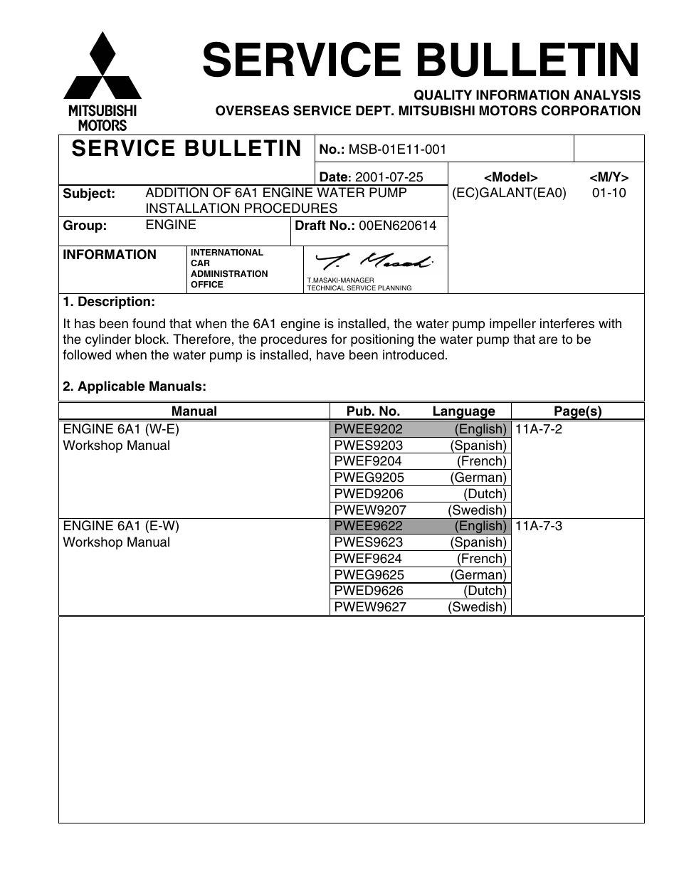 Msb-01e11-001, Service bulletin | Mitsubishi Motors 6A1 User Manual | Page 81 / 83