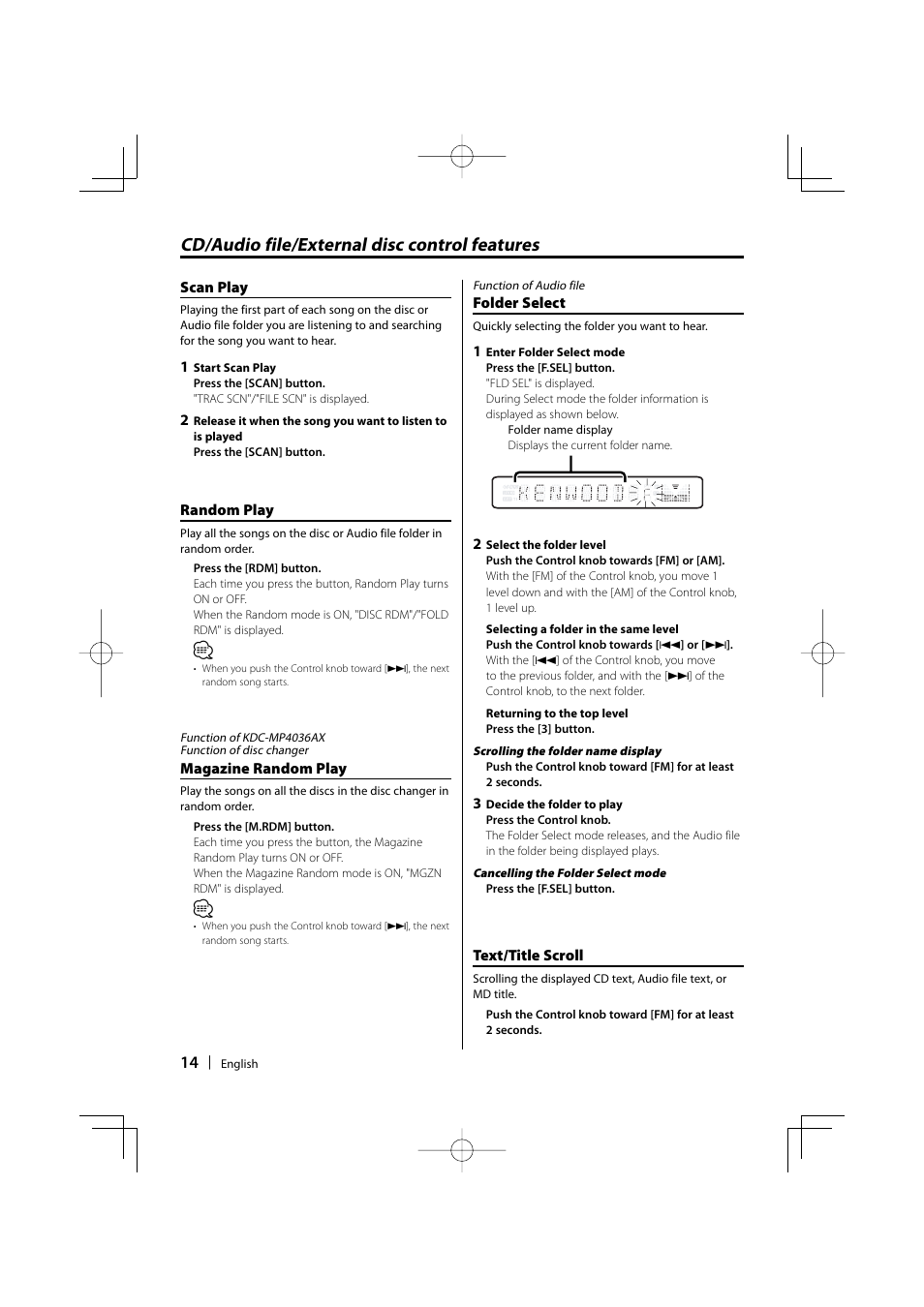 Cd/audio file/external disc control features | Mitsubishi Motors MZ360236EX (KDC336AXAM4) User Manual | Page 14 / 28