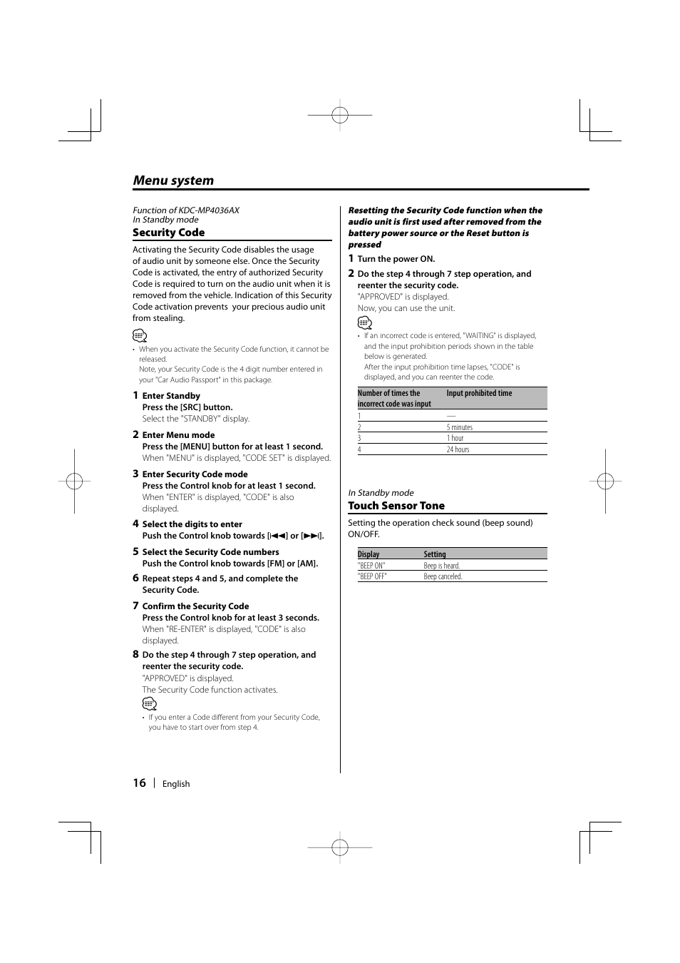 Menu system | Mitsubishi Motors MZ360236EX (KDC336AXAM4) User Manual | Page 16 / 28