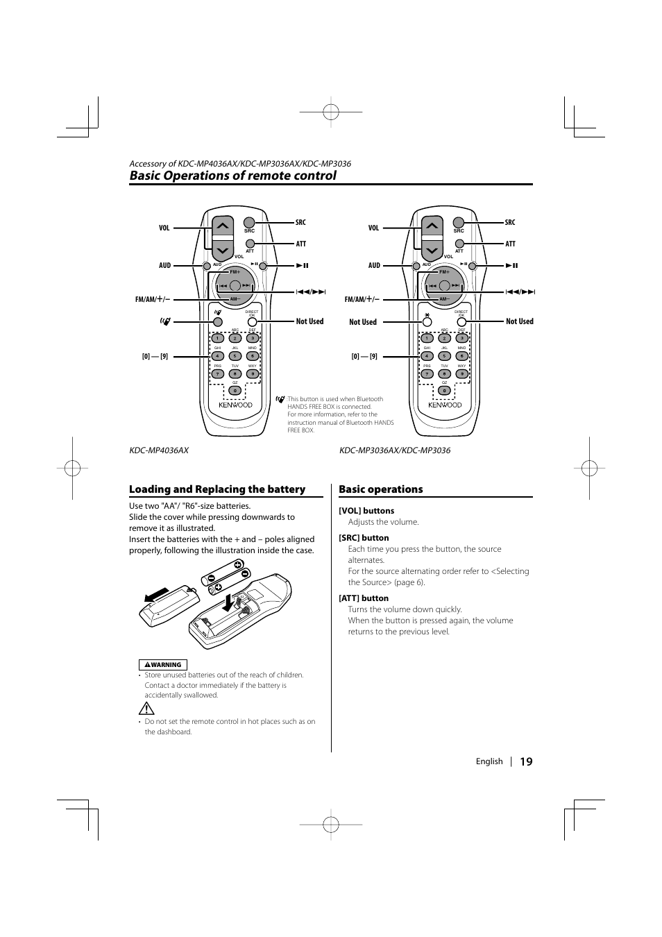 Basic operations of remote control, Loading and replacing the battery, Basic operations | Mitsubishi Motors MZ360236EX (KDC336AXAM4) User Manual | Page 19 / 28