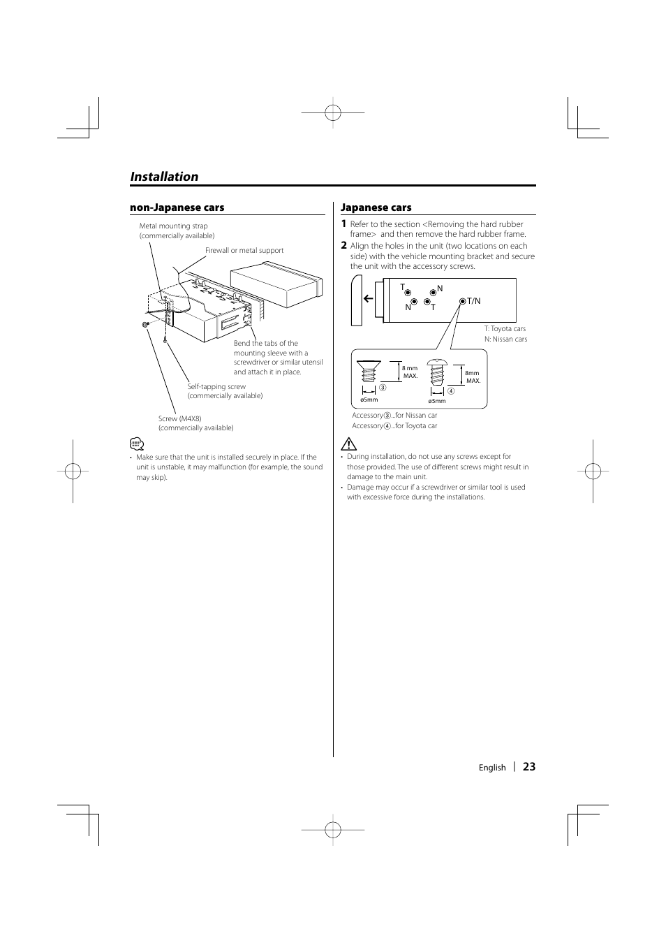 Installation, Non-japanese cars, Japanese cars 1 | Mitsubishi Motors MZ360236EX (KDC336AXAM4) User Manual | Page 23 / 28