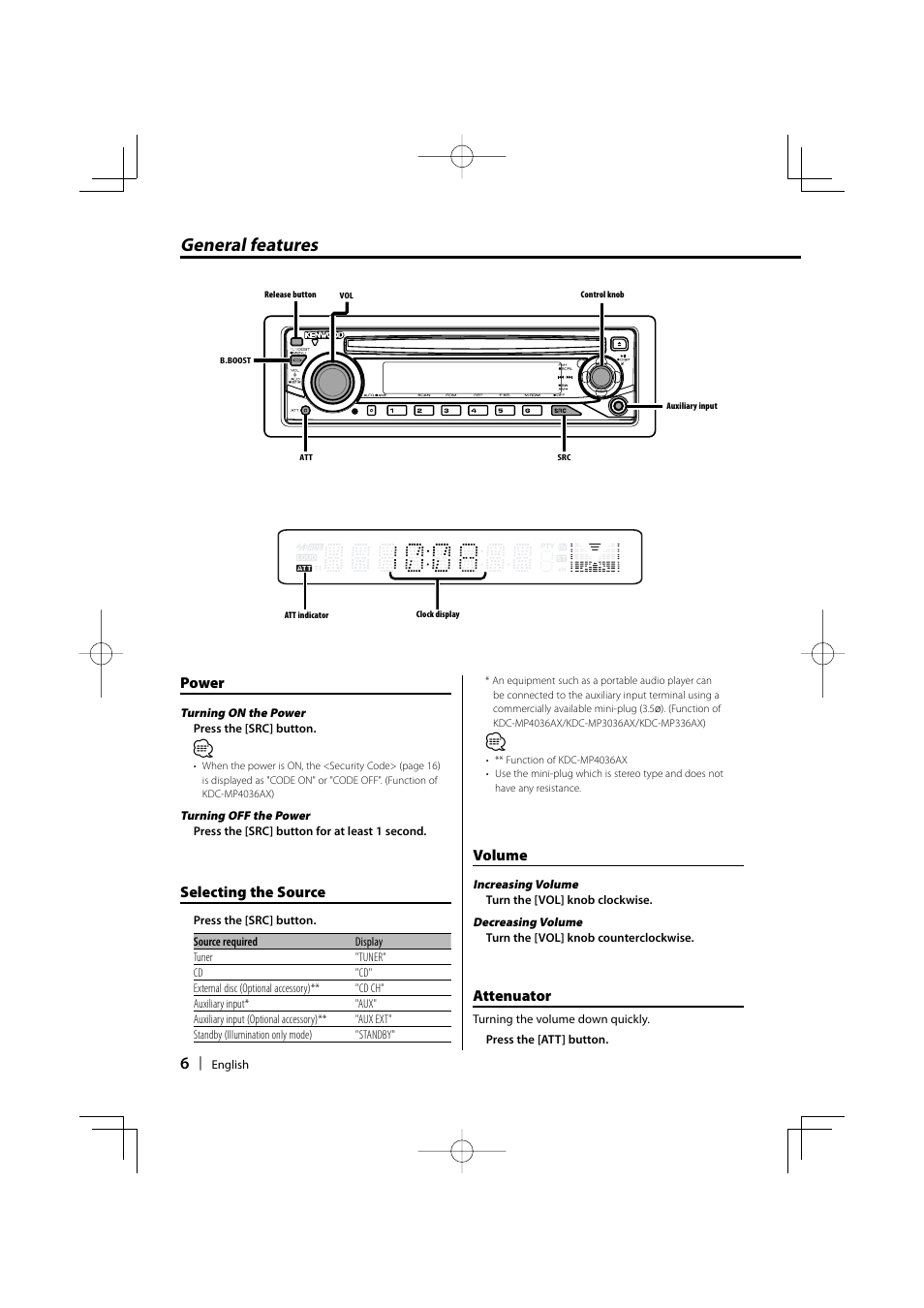 General features, Power, Selecting the source | Volume, Attenuator | Mitsubishi Motors MZ360236EX (KDC336AXAM4) User Manual | Page 6 / 28