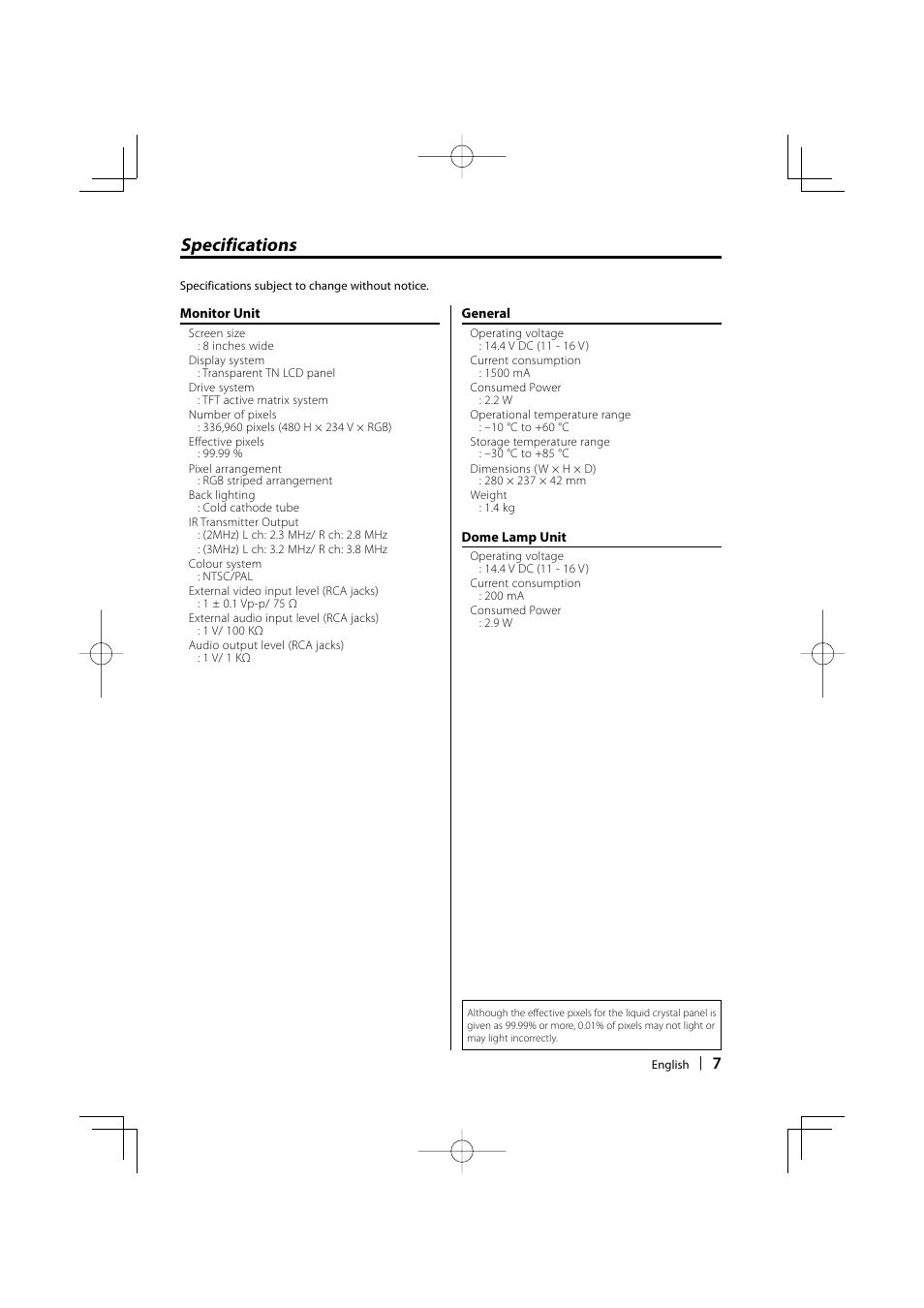 Specifications | Mitsubishi Motors MZ360229EX User Manual | Page 7 / 8
