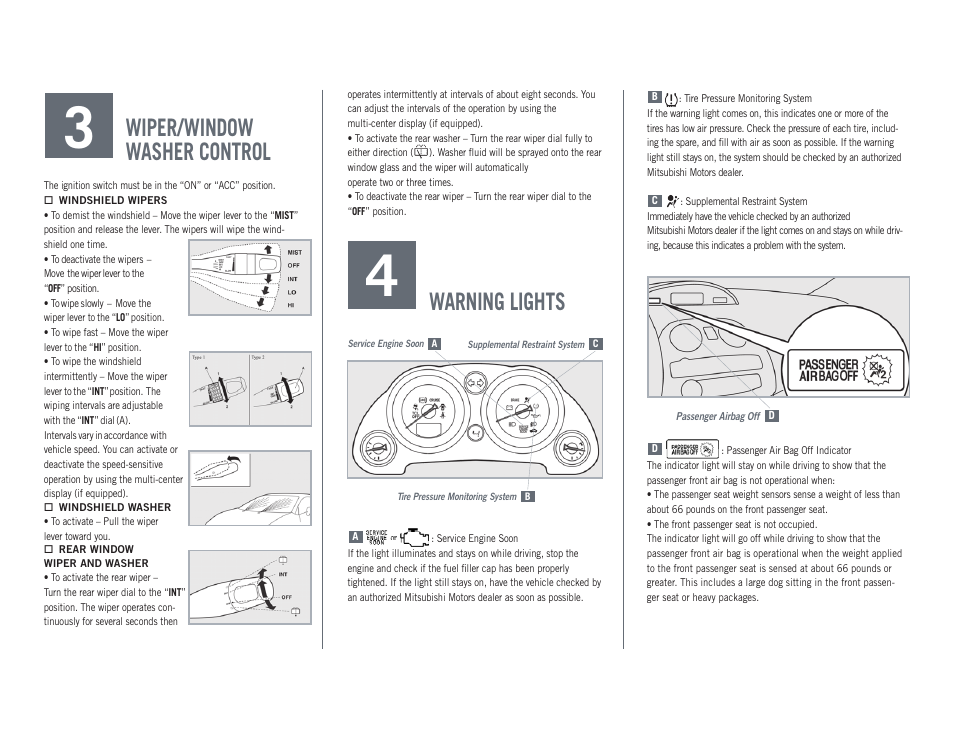 Warning lights, Wiper/window washer control | Mitsubishi Motors ECLIPSE SPYDER 2009 ECLIPSE User Manual | Page 4 / 8