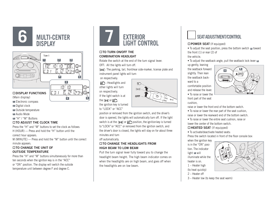 Exterior light control, Multi-center display, Seat adjustment/control | Mitsubishi Motors ECLIPSE SPYDER 2009 ECLIPSE User Manual | Page 6 / 8