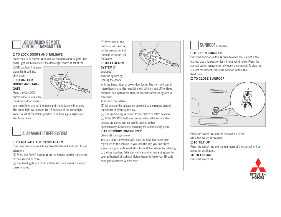 Lock/unlock remote control transmitter, Alarm/anti-theft system, Sunroof | Mitsubishi Motors ECLIPSE SPYDER 2009 ECLIPSE User Manual | Page 7 / 8