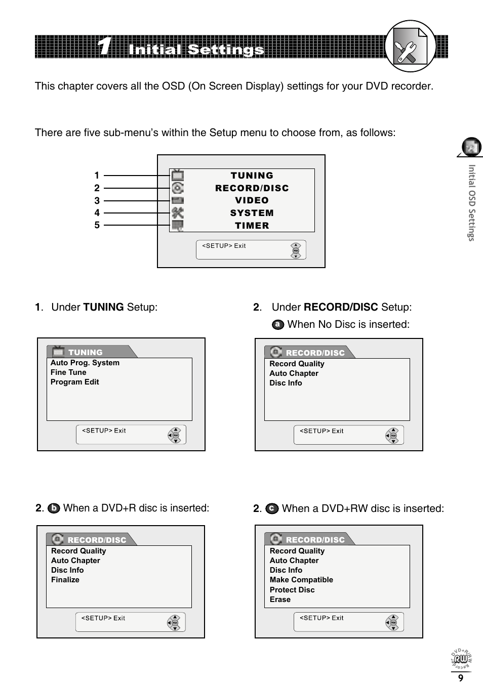 Initial settings, When no disc is inserted, When a dvd+r disc is inserted: 2 | When a dvd+rw disc is inserted | Matsui America DVDR100 User Manual | Page 13 / 60