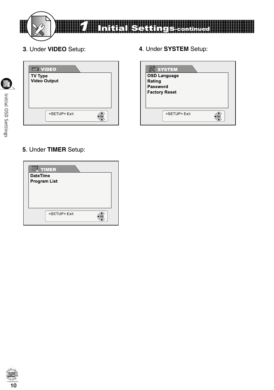 Initial settings | Matsui America DVDR100 User Manual | Page 14 / 60