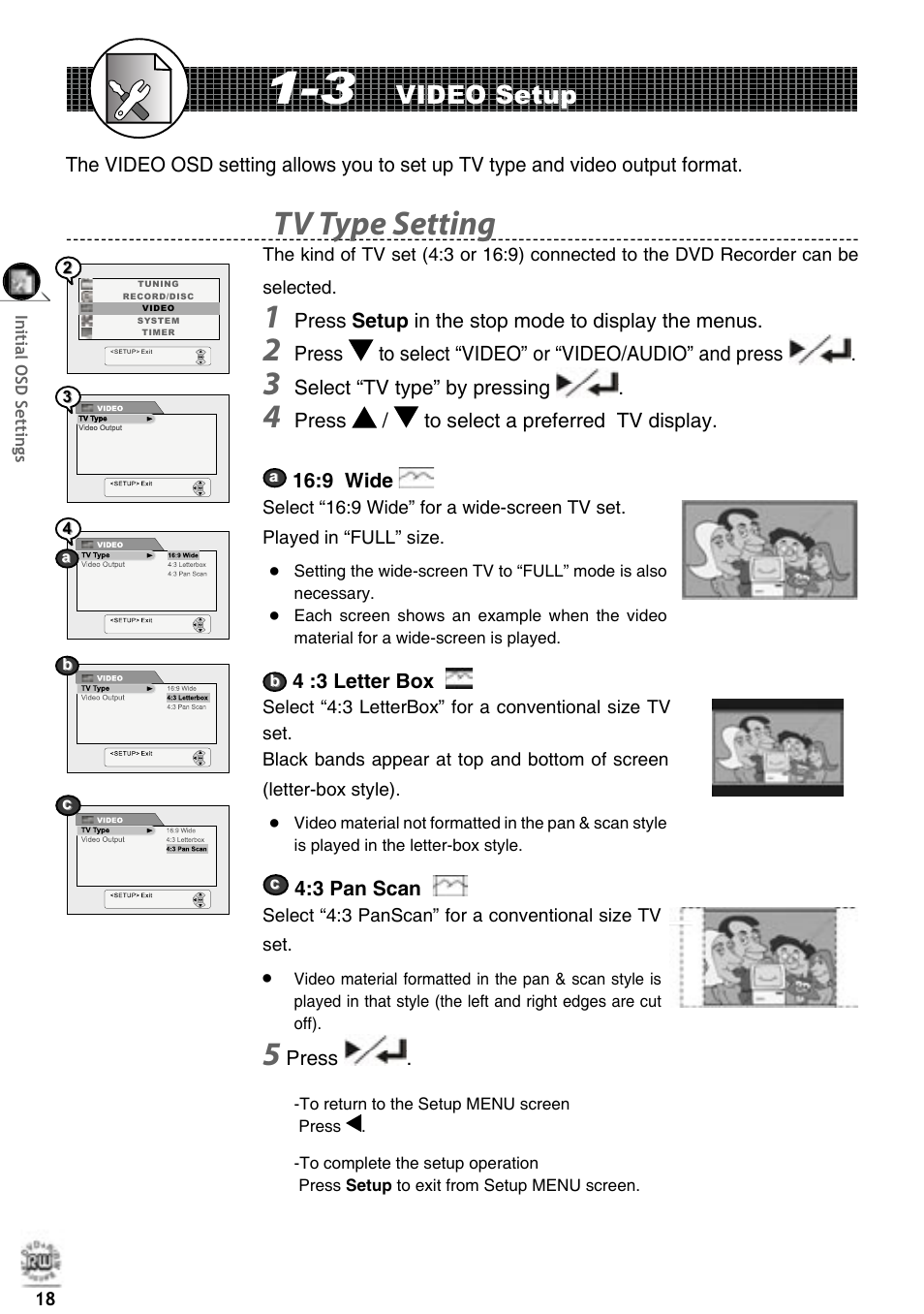 Tv type setting, Video setup | Matsui America DVDR100 User Manual | Page 22 / 60